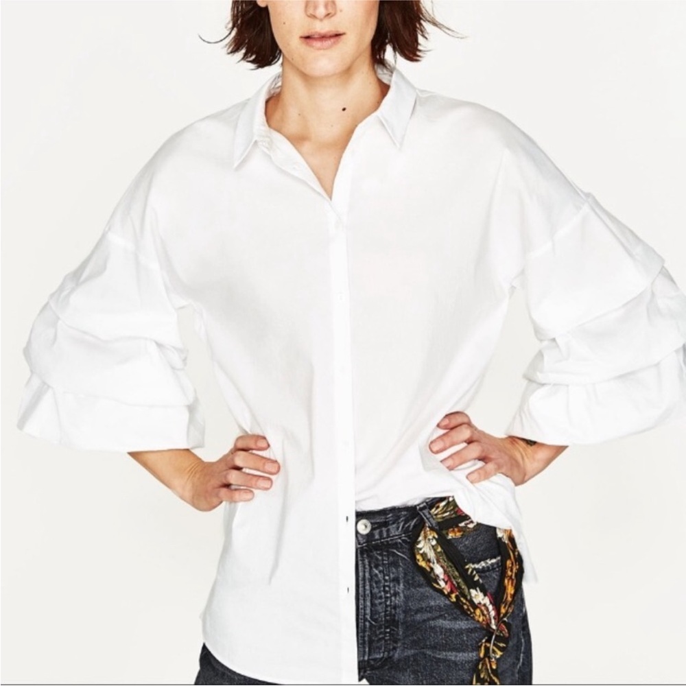 Women’s Zara White Ruffled Sleeve Statement Piece Button up Top